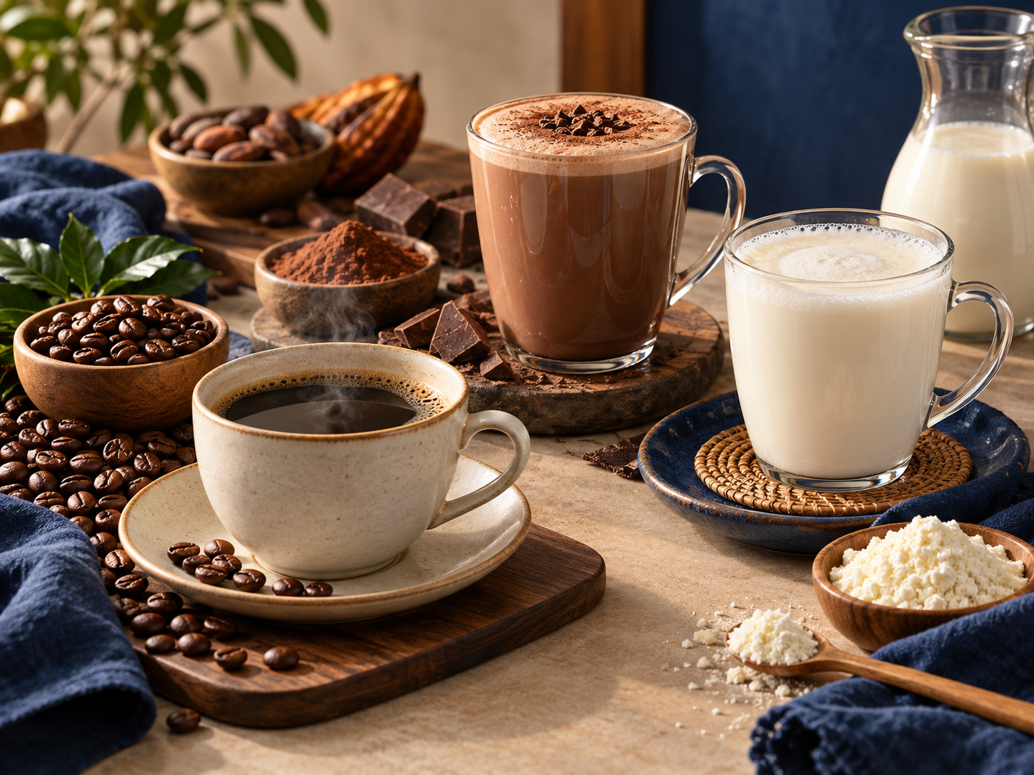 Ilustrasi kopi, koko dan minuman susu